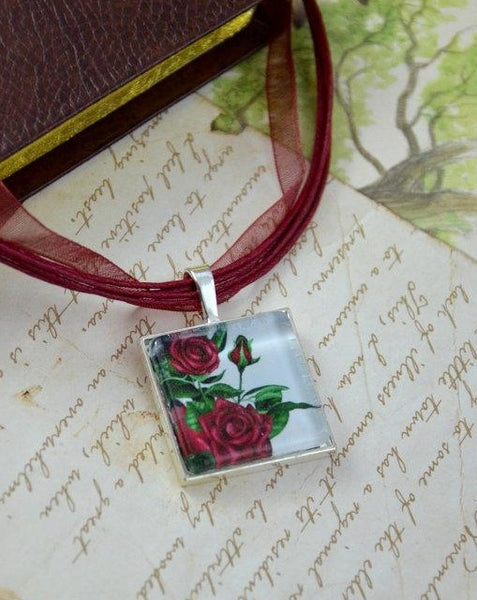 Red Roses Glass Art Tile Pendant