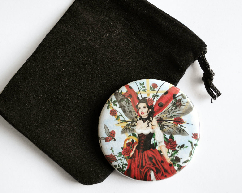 Ladybug Rose Gardener Fairy Pocket Mirror with Velvet Bag