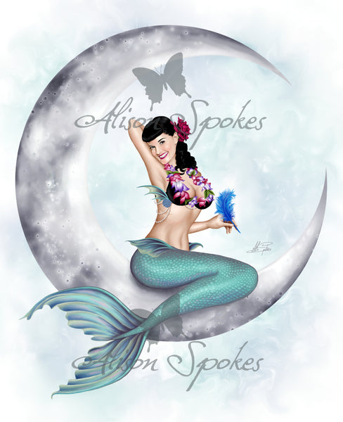 Miss Mandolin Moon, Sexy Pinup Mermaid  - Limited Edition Art Print