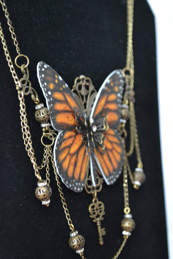 Monarch Butterfly Bronze Bib Necklace profile