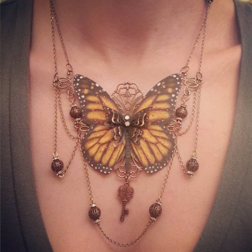 Monarch Butterfly Bronze Bib Necklace (model)