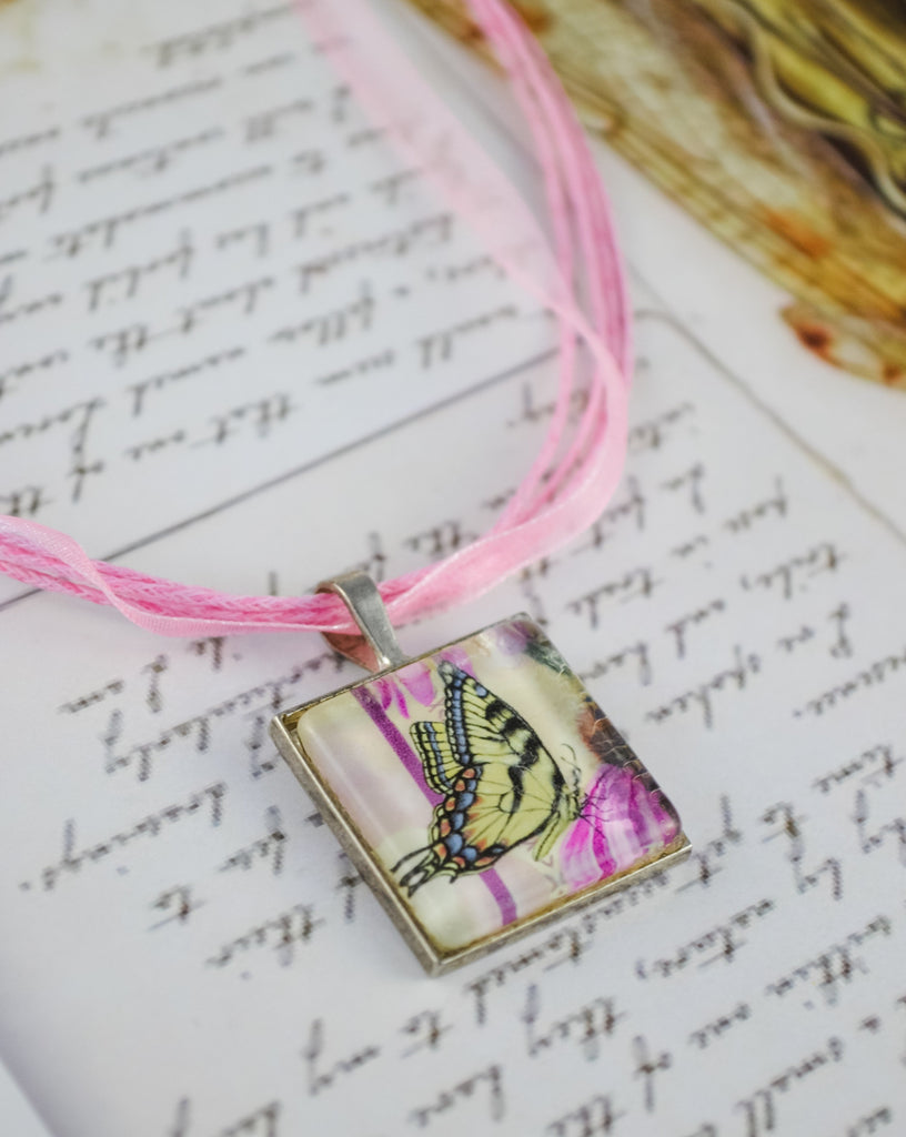 Swallowtail Butterfly Glass Art Tile Pendant