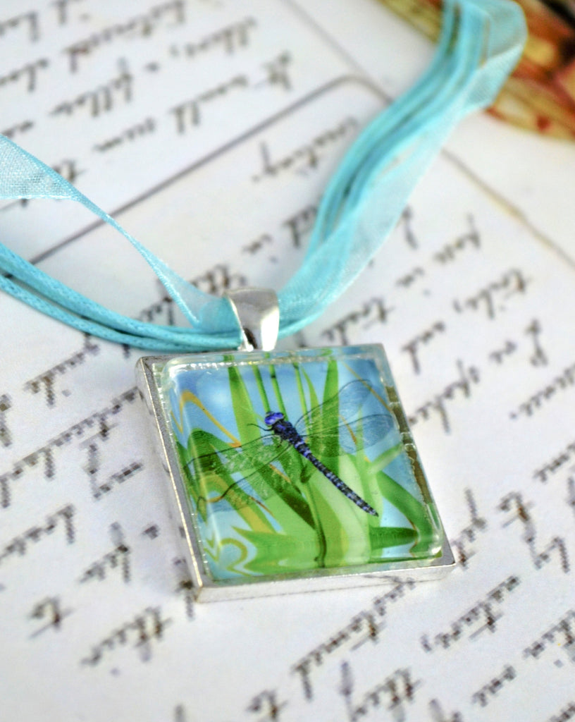 Dragonfly Glass Art Tile Pendant