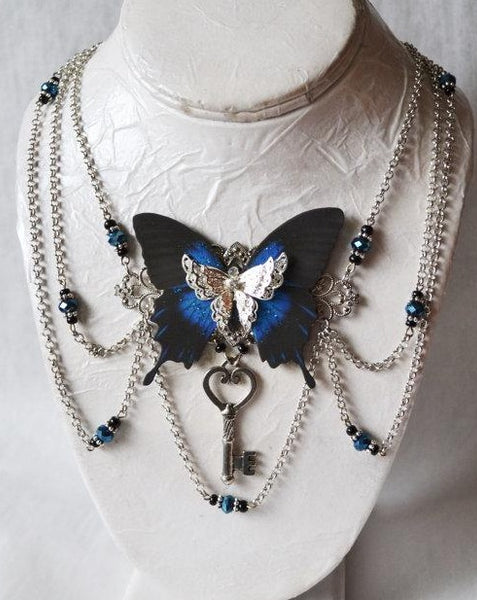 Ulysses Blue Butterfly Silver Bib Necklace