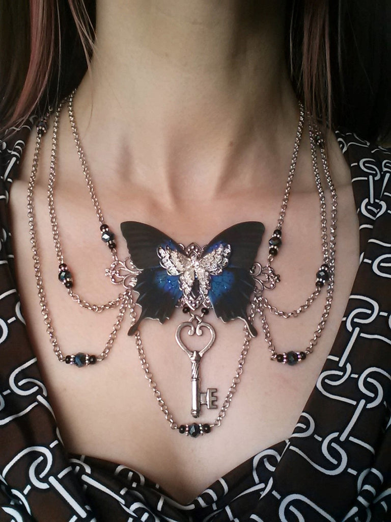 Ulysses Blue Butterfly Silver Bib Necklace (model)